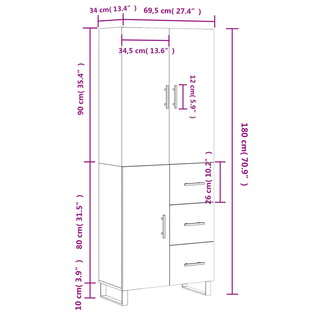 Highboard Concrete Grey 69.5 x 34 x 180 cm Particleboard