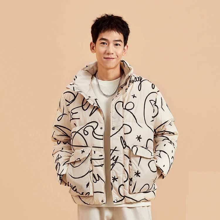 Li Ning X Artist DFT Collaboration Wade Series Fun Pattern Stand Collar Loose Sports Down Jacket Winter Men Jacket Beige AYMR443-2