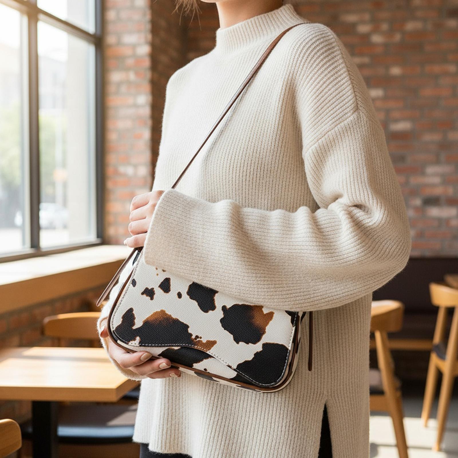 

Women PU Leather Cow Print Shoulder Bag Versatile Tote Bags with Adjustable Strap Commuter Bag for Work Shopping Travel Daily