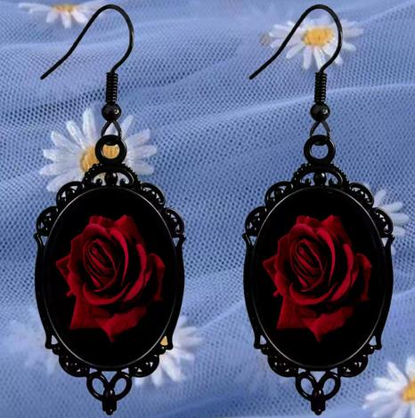 Women's Black Oval Rose Print Earrings