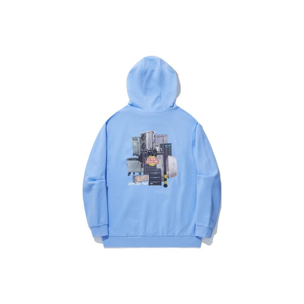 Li Ning Skateboard Series Graphic Print Loose Hoodie Unisex Hoodies Bright-Sky-Blue AWDU321-2