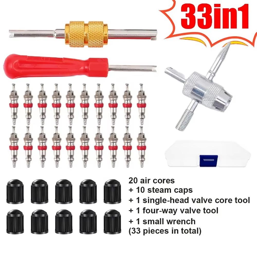 

33Pcs/Set Slotted Handle Tire Repair Tool Kit Metal Plastic Cover Valve Stem Core Remover Screwdriver Bicycle Tire Tool