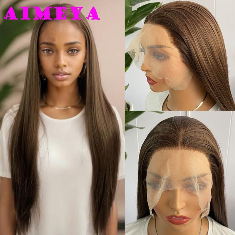 AIMEYA Mix Brown Lace Front Wig Long Silky Straight Synthetic Lace Hair Heat Resistant Natural Hairline Daily Use Cosplay Wigs