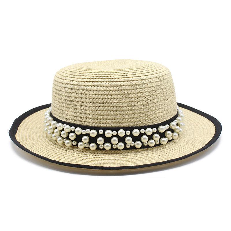 Summer Sunshade Sunscreen Big Brim Top Hat Women'S French Retro Pearl Chain Flat Top Hat Casual Versatile Straw Hat