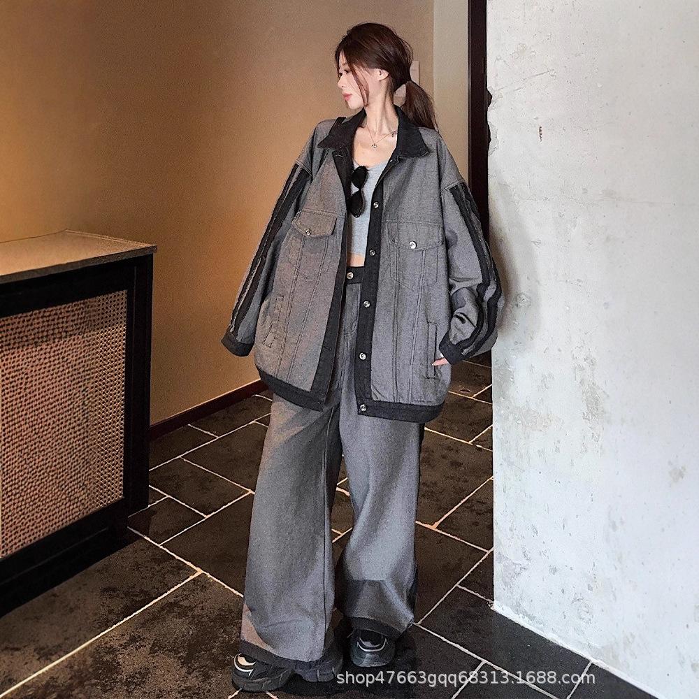 Korean version of fashion denim splicing suit women's spring and autumn new casual loose denim jacket wide-leg pants two-piece set