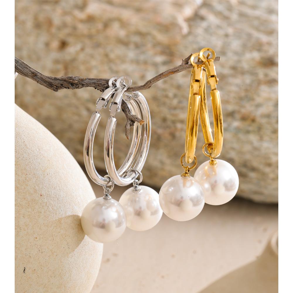 Eetit Pearl Drop Dangle Hoop Earrings Round Imitation Beads Fashion Daily Stainless Steel Korean Chic Quality Jewelry Waterproof