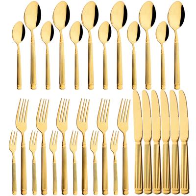 Gold 30Pcs Vitage Stainless Steel Dinner Knife CakeFork Teaspoon Spoon Cutlery Set Kitchen Tableware Flatware Dinnerware Set