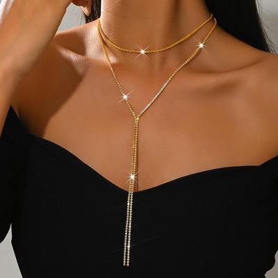 Double Layer Y-Shaped Rhinestone Necklace for Women Long Tassel Chain