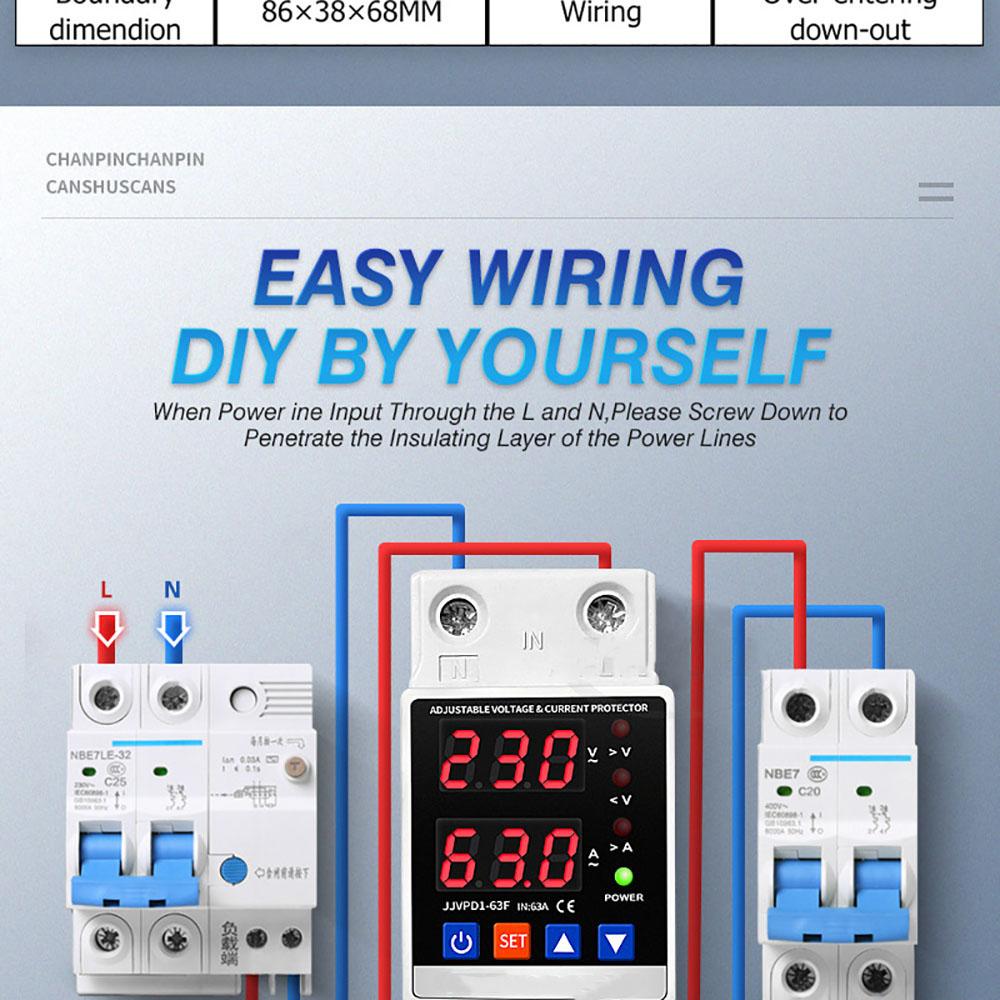 Dual Display 40A 63A 80A 230V Din Rail Adjustable Digital Over Under Voltage Relay Surge Protector Limit Over Current Protection