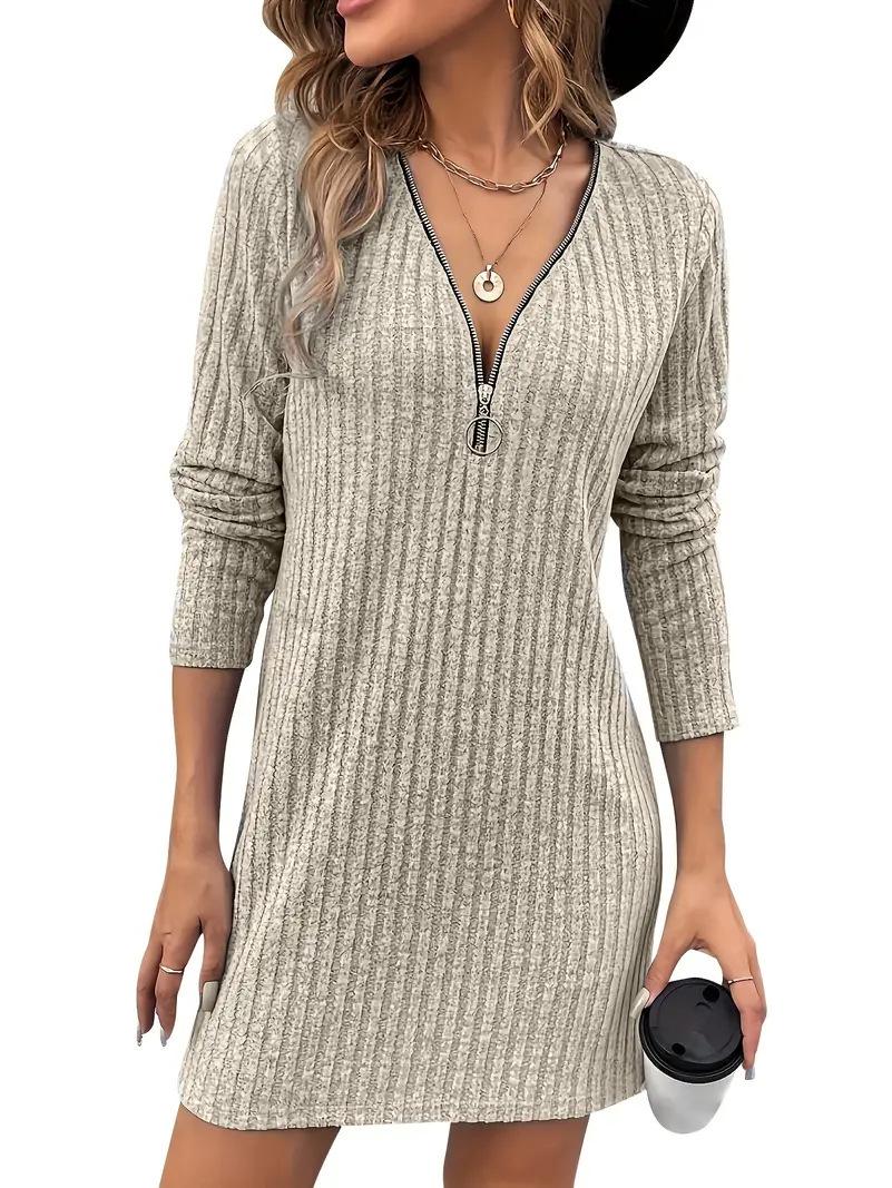 

European & American Fashion: Elegant V-neck Zipper Ribbed Women s Dress for Spring & Autumn, in Apricot or Black - Comfortable & Casual. M абрикосовый