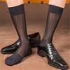 Mens Business Soft Breathable Nylon Sheer Dress Socks Thin See Through Silk Ribs Striped Calf Socks for Formal Use
