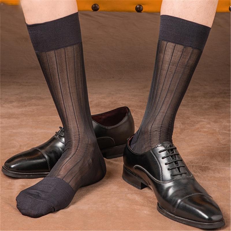 Mens Business Soft Breathable Nylon Sheer Dress Socks Thin See Through Silk Ribs Striped Calf Socks for Formal Use