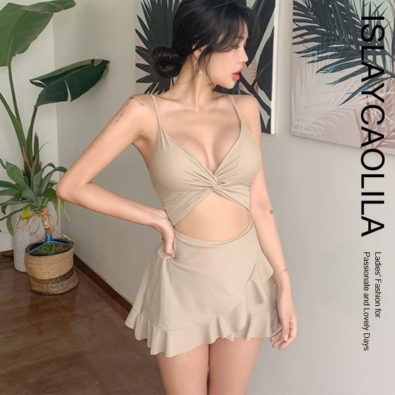 Monokini Swimsuit One Piece Flare Skirt Swimdress Camisole Straps Drawstring Padded No Wires DN6 Lelia [ISLAYCAOLILA] Women's (M, Black)
