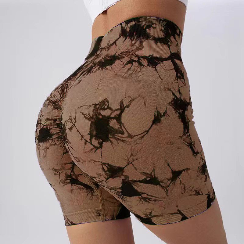 European and American Cross-Border Seamless Fitness High-Waisted Tummy Control Peach Butt Training Tight-Fitting Tie-Dye Breathable Sports Shorts Tie Dye Coffee L Size (Recommended 59-70kg)