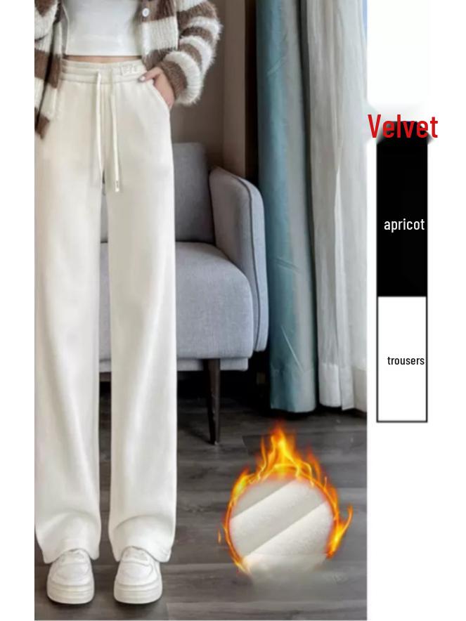 Women's Chenille Wide-Leg Pants - New 2025 Spring & Autumn Collection, Small Size, European Cotton Velvet, Fleece-Lined, Casual Straight-Leg Design.