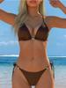 Solid Beaded Tie Side Sexy Two Piece Bikini Swimsuit Comfortable Elegant For Vacation
