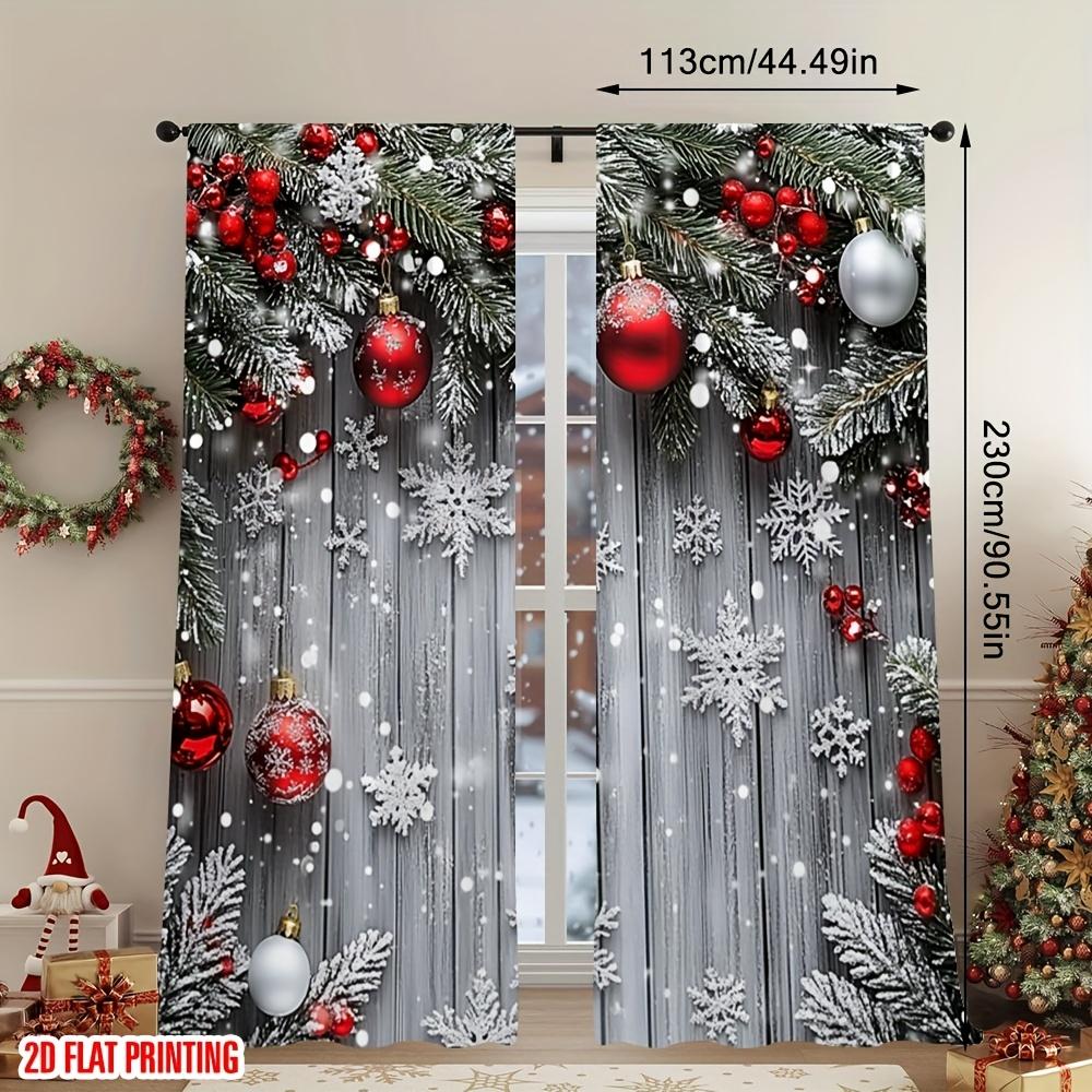 Christmas Snowflake Curtains Red Ball Green Plant Flat Print Polyester Door Wall Yard Decor Party Ready Set Of 2 Made