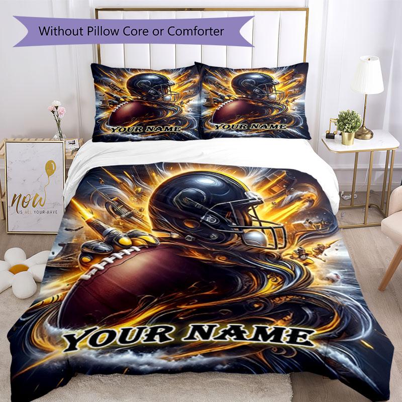 3PC Custom Name "Powerful Football Helmet Artwork" Bedding Set Printed Bedding Set Duvet Cover Closure Includes 1 Duvet Cover & 2 Pillowcases for All 