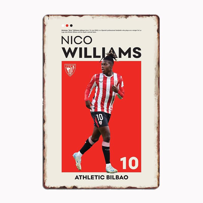 Nico Williams Minimalistischer Fußballspieler Retro Metall Poster Schild Club Wandbild Wandkunst Plakette Blech Raumdekoration Heimdekor