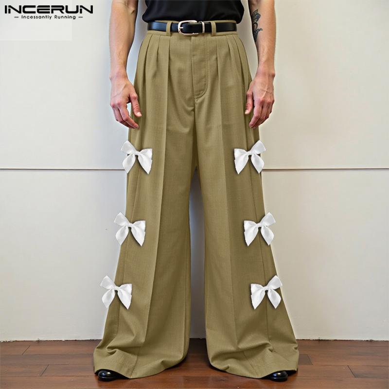 INCERUN Men High Zip-up Waist Bow Knot Casual Wide Legs Pants Trousers