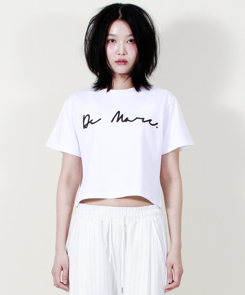 Deumakeu Rough Writing Text-Logo Crop T-Shirt White