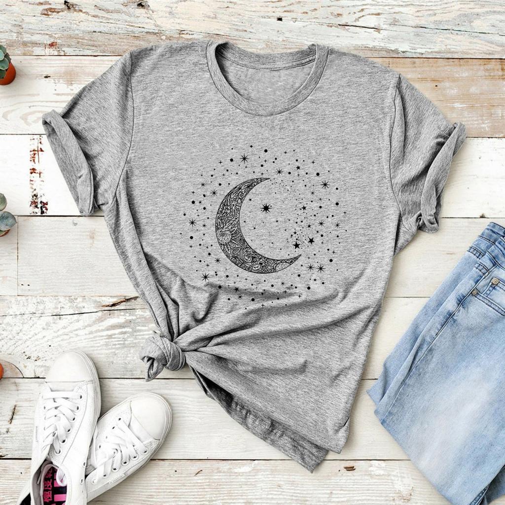 Mystic Moon Phase T-Shirt Lunar Crescent Graphic Tee Spiritual Astrology Top for Women Mystical Shirt Short Sleeve Gothic Tshirt