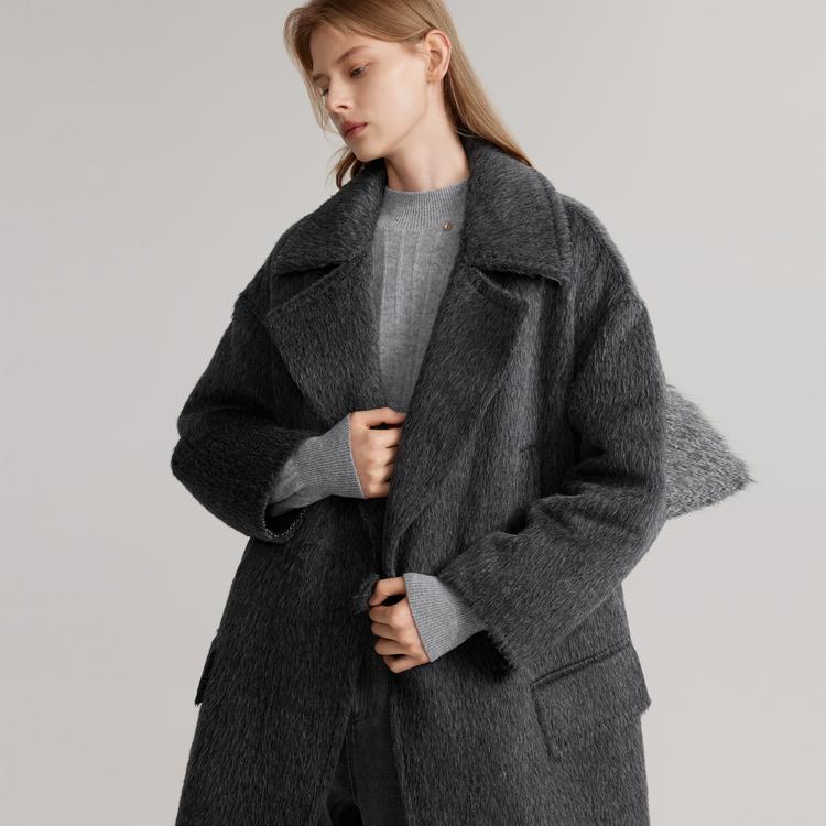 ELLE French Style High-End Wool Warm Coat Plush Mid-Length Lapel Double-Sided Woolen Overcoat Women Coats Dark-Gray L7WND171