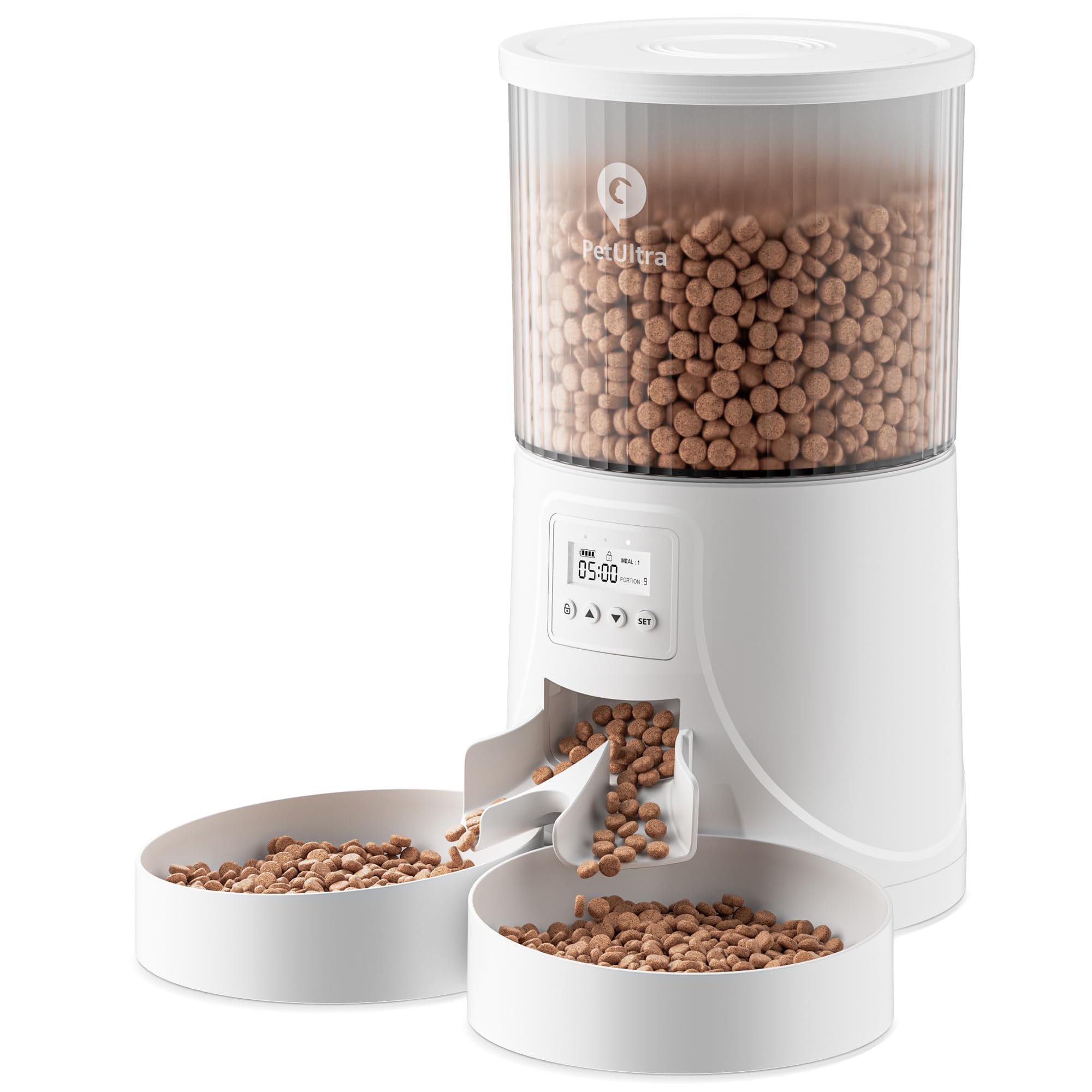

Автоматическая кормушка для кошек PetUltra с двумя 4-литровыми контейнерами, питанием от сети, фиксированным временем и количеством, полупрозрачная, простая в использовании, сертифицированный PSE адаптер, таймер, миски, вместимость, 2-стороннее