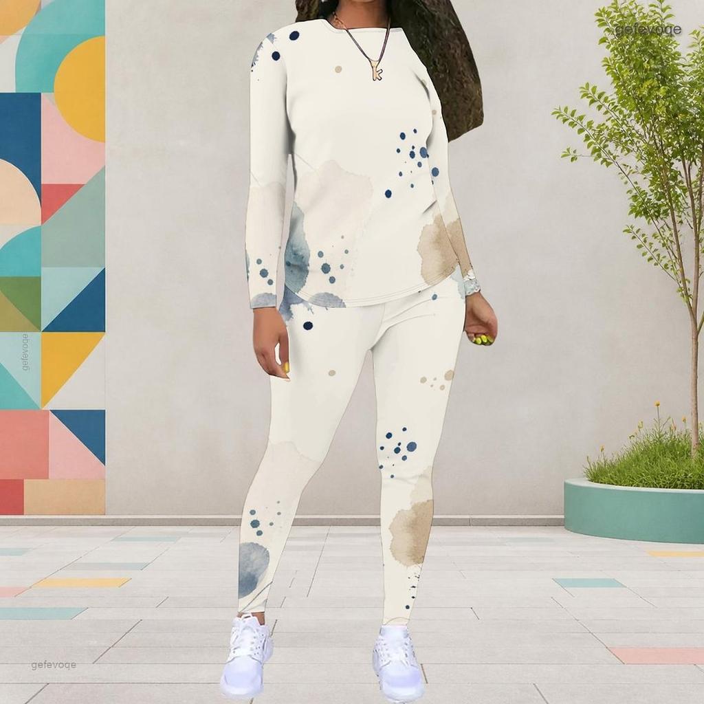 Women Plus Size White Printed Round Neck Long Sleeve Top And Fitted Pants Two Piece Set
