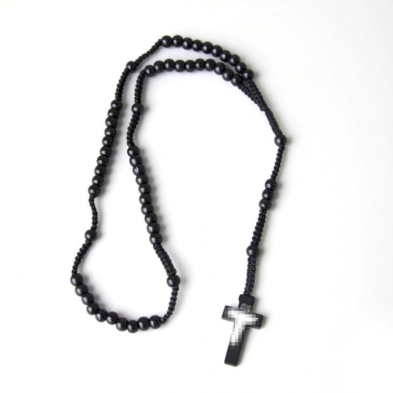 In Stock: Natural Wood Bead Cross Rosary Necklace, Hand-Woven Prayer Jewelry