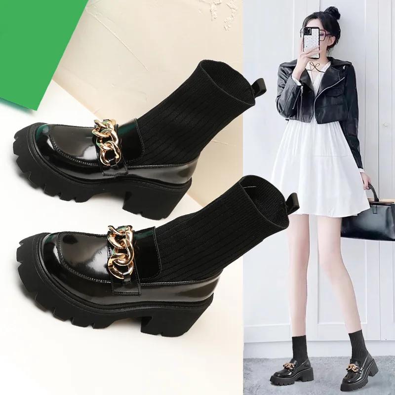 Fashion 7CM Women's Loafers Socks Boots 2024 New Thick-soled Leather Shoes Single Shoes Small Size Elastic Boots Snow boots