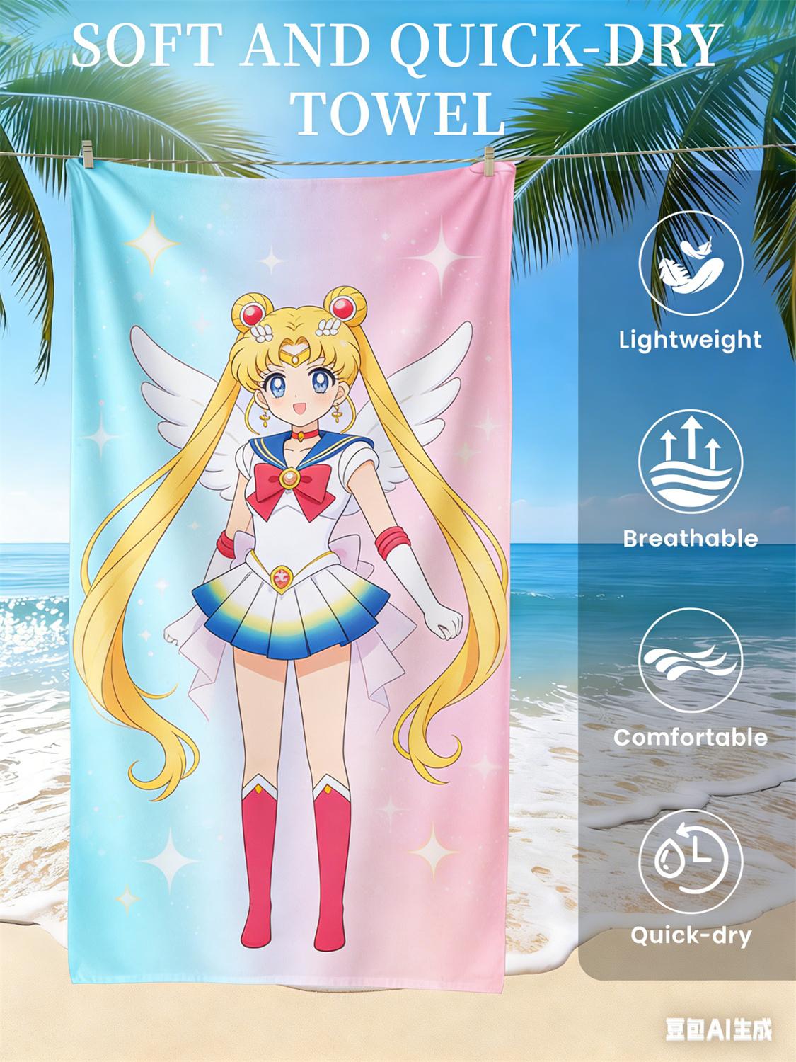 

Sailor Moon Beach Towel, Anime Fan Favorite Character Print Quick-Dry Towel for Beach, Pool, Vacation , Magical Girl Enthusiasts W40*H60(CM)