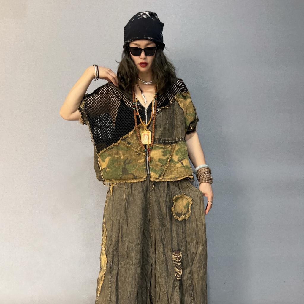 Personality Trendy and Cool Denim Splicing Mesh Hooded Cardigan Jacket Wide-leg Pants Two-piece Set Women's Summer Loose Fashion Suit
