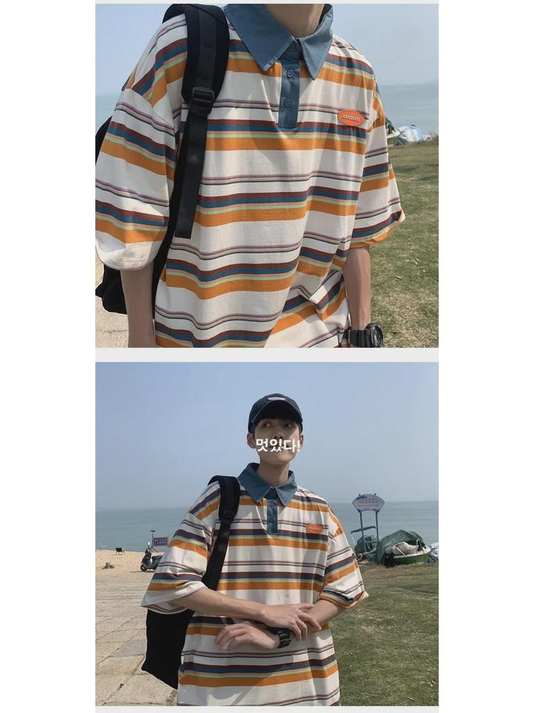 Męska koszulka polo w paski Harajuku - Modna, luźny krój, casualowy styl hip-hopowy