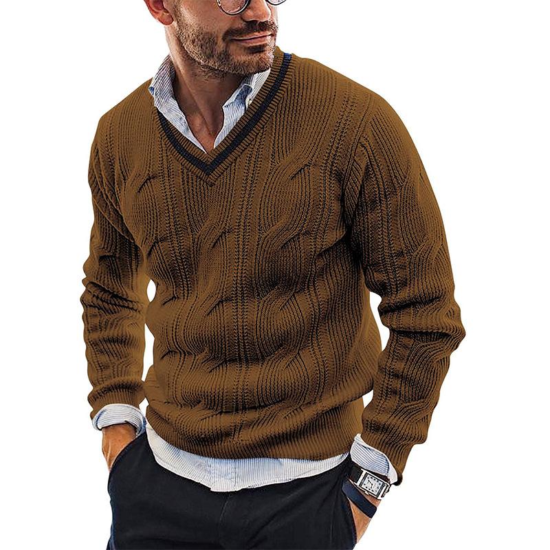Men's V-Neck Cable Knit Sweater with Ribbed Trim, Casual Pullover in Multiple Colors