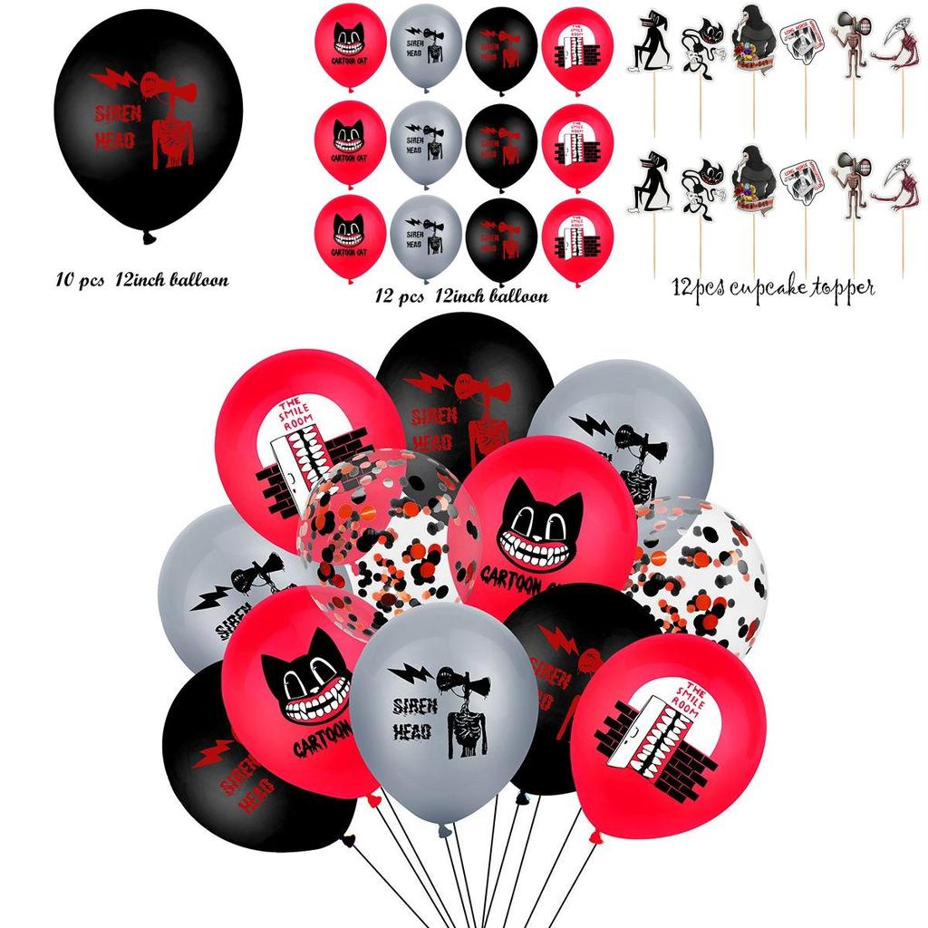 Siren Head Cartoon Cat Horror Theme Birthday Party Balloon Banner Cake Topper Set