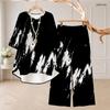 Women Plus Size Round Neck Mid Sleeve Printed Asymmetrical Top Wide Leg Pants Two Piece Set