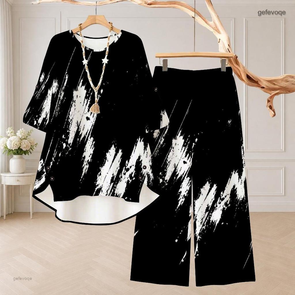 Women Plus Size Round Neck Mid Sleeve Printed Asymmetrical Top Wide Leg Pants Two Piece Set