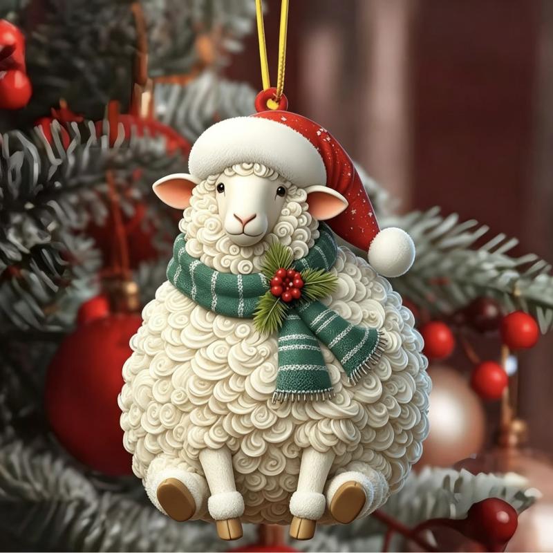 1Pcs Christmas Sheep 2D Acrylic Ornament with Santa Hat Scarf Lovely Xmas Tree Hanging Pendant for Winter Holiday Home Decor