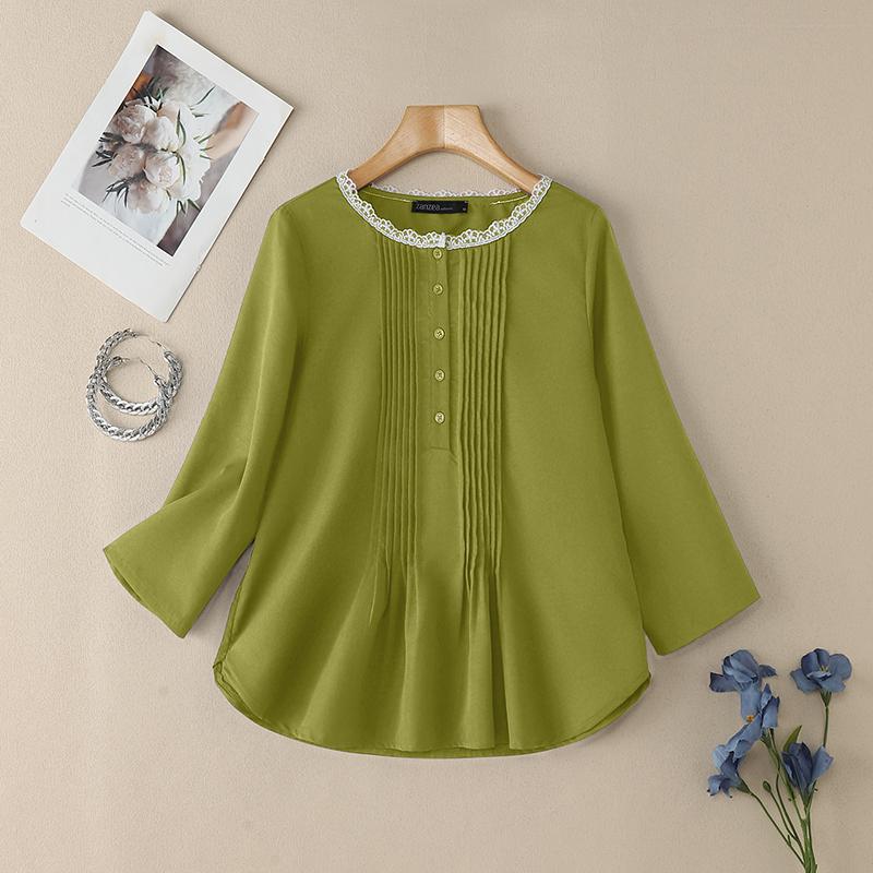 ZANZEA Women Lace Splice Round Neck 3/4 Sleeve Loose Blouse