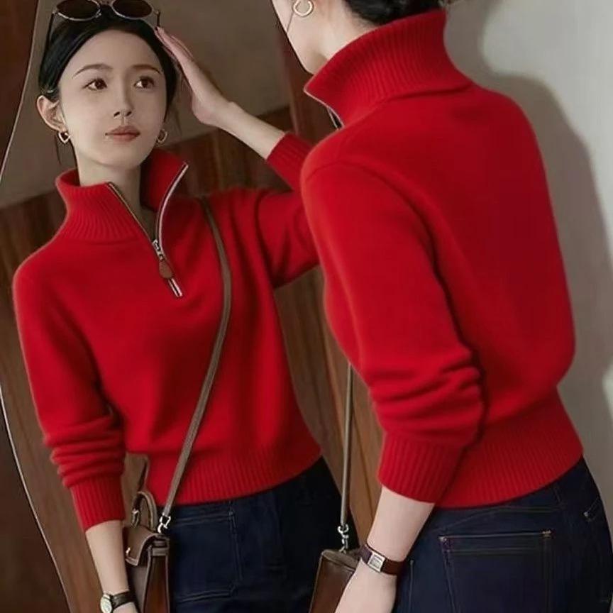 Women's Half-Zip High-Neck Slimming Knit Sweater - Fashionable Long-Sleeved Base Layer Top