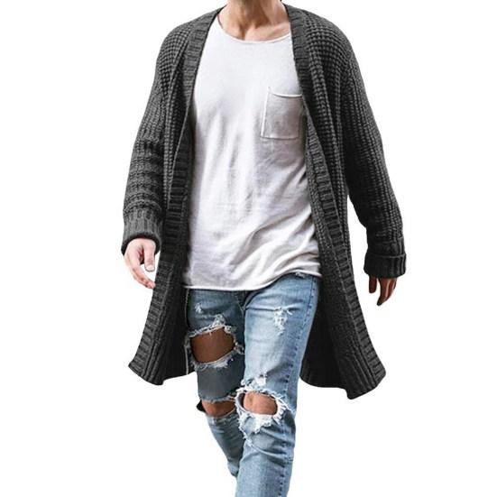 Men Sweater Cardigan Solid Color Long Sleeve Cold Proof Knitwear Autumn Winter Loose Mid Length Sweater Coat Streetwear