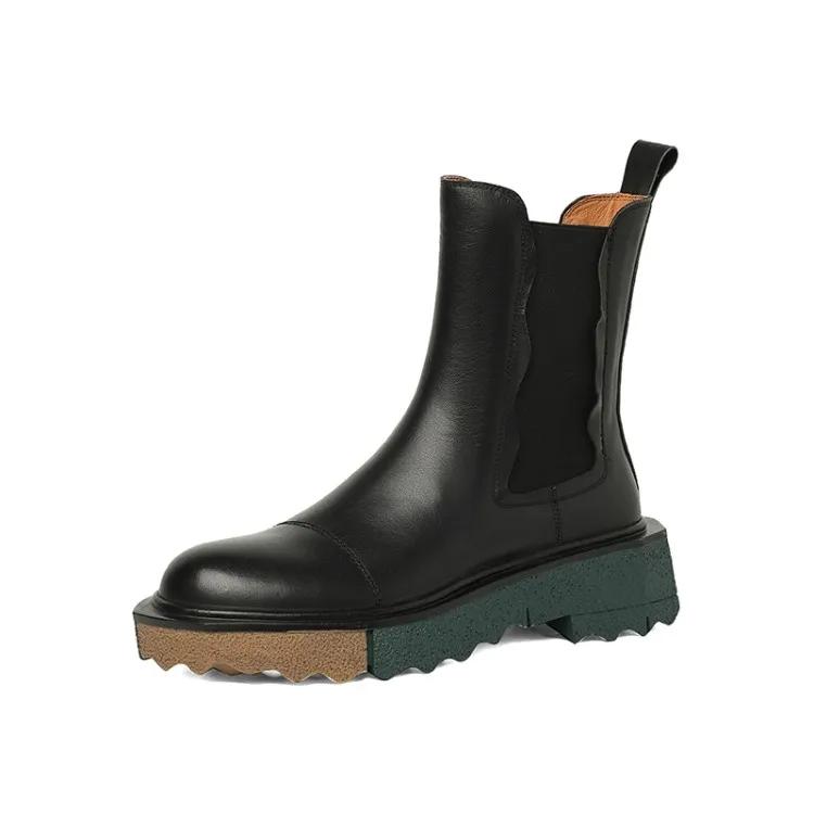 

Fashion HOT SALE Autumn/Winter Women Boots Roend Toe Chunky Heel Shoes Chelsea Boots Genuine Leather Shoes for Women Flat Women Shoes 34