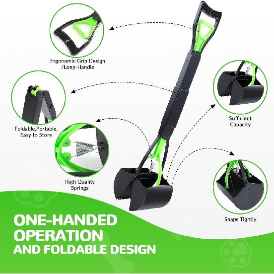 Pooper Scooper, Foldable Dog Pooper Scoops with Durable Spring, 28" Long Handle Pet Pooper Scoopers for Dogs and Cats, Dog Poop Pick Up Tool for
