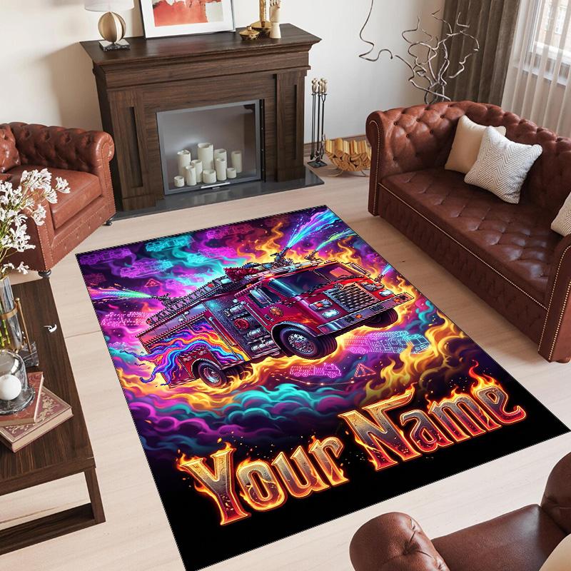 Fire Truck Theme Crystal Velvet Rug Personalized Custom Name Text Soft Floor Mat Home Decor