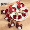 Decorative Antler Hair Pins 2Pcs Christmas Clips with Plaid Bows and Pom Poms Decor, Festive Holiday Winter Party Accessories for Women Girls,