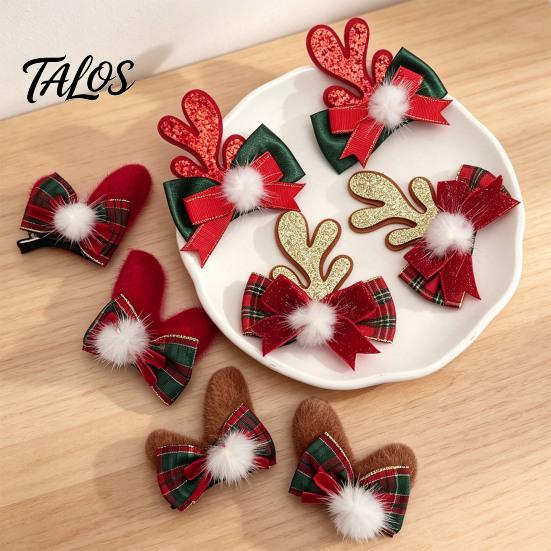 Decorative Antler Hair Pins 2Pcs Christmas Clips with Plaid Bows and Pom Poms Decor, Festive Holiday Winter Party Accessories for Women Girls,