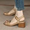 Women Sandals Summer Real Soft Leather Thick Heel Vintage Brown Sandals Women Cross One Line Strap High Heels Mary Jane Shoes