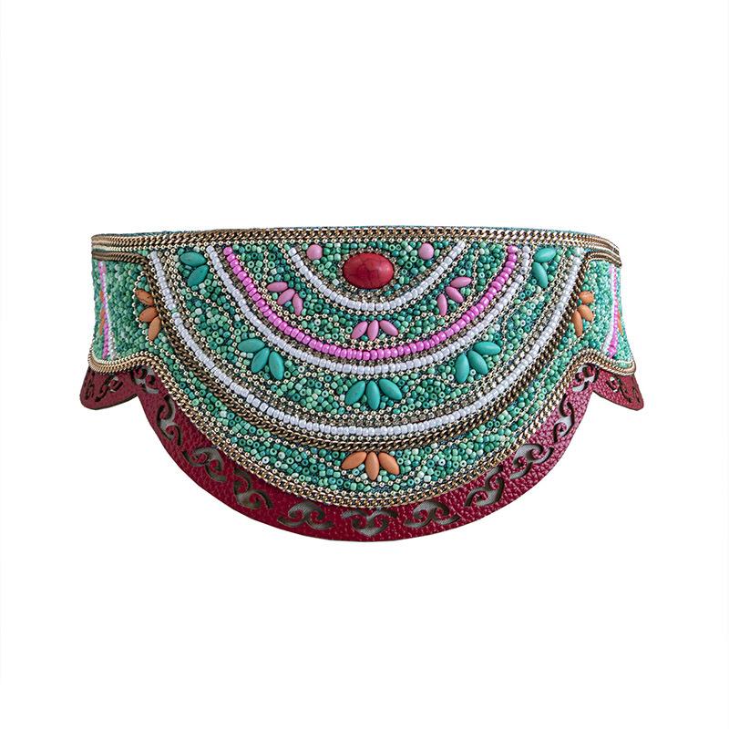 Boho Style Heavy Industry Turquoise Hollow Ethnic Style Pattern Elastic Ethnic Style Yunnan Travel Photo Elastic Tight Women's Waist Seal