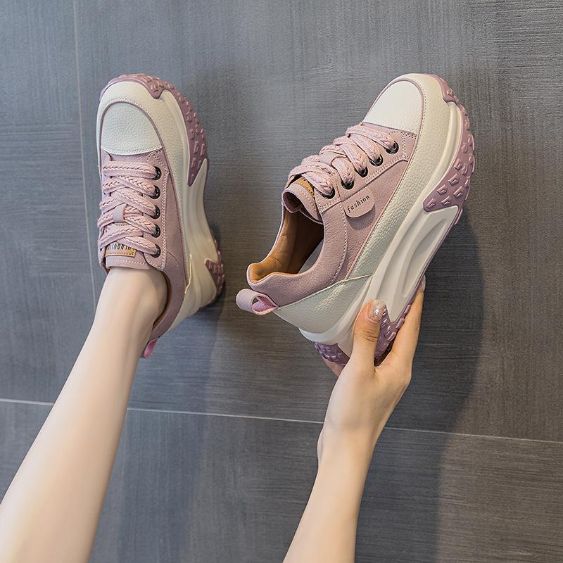 Dad shoes leather surface burst autumn women 2025 new retro lightweight inner height increase casual sports shoes platform single shoes